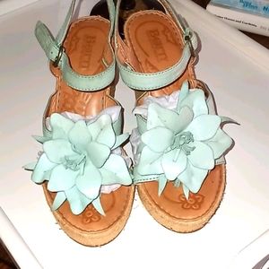 Born green floral leather open toe wedge heels